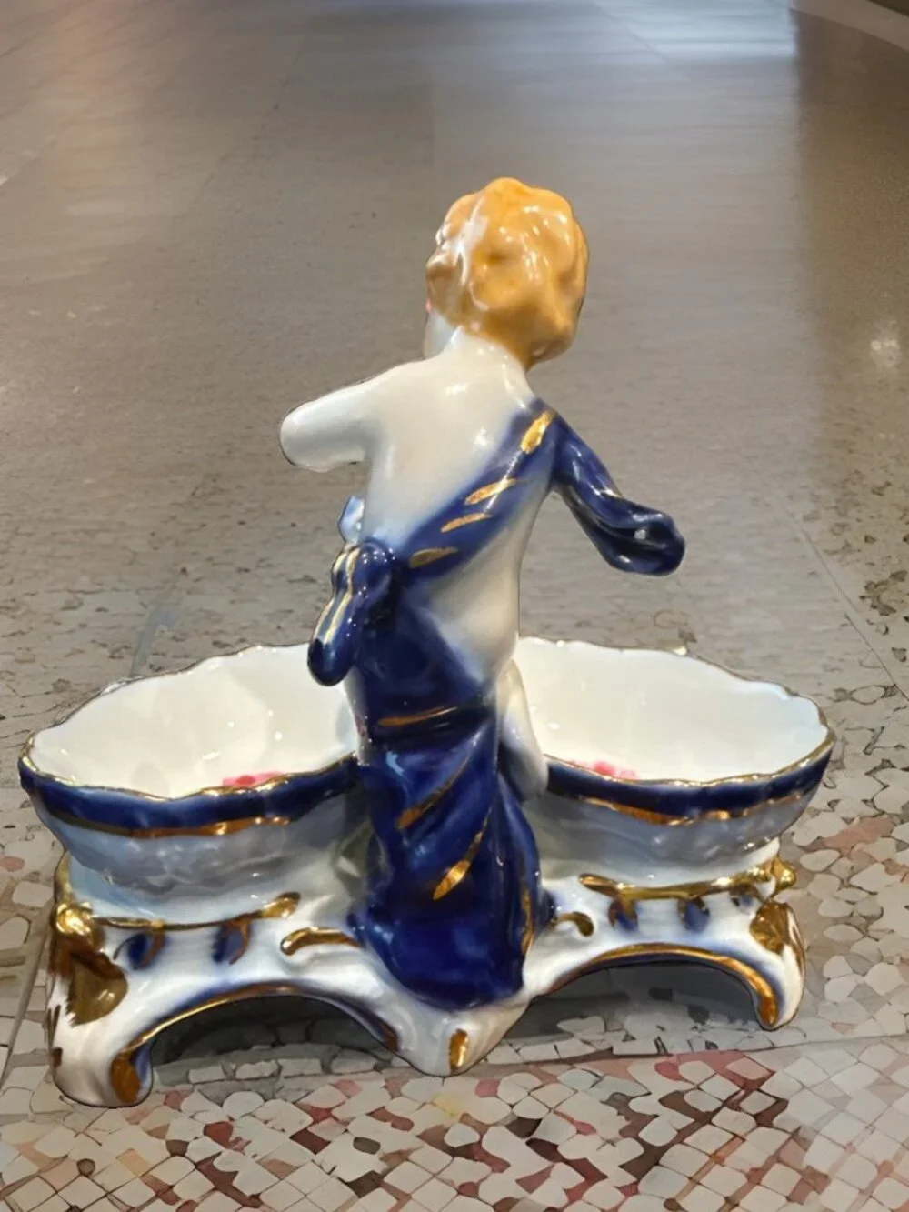 Antique Porcelain Derby Double Salt Cellar Cherub Blue & Gold